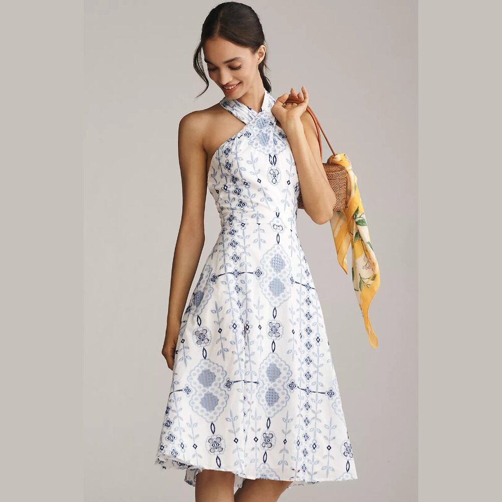 NEW Dress The Population Size L Astoria Halter Embroidered Midi Dress - White